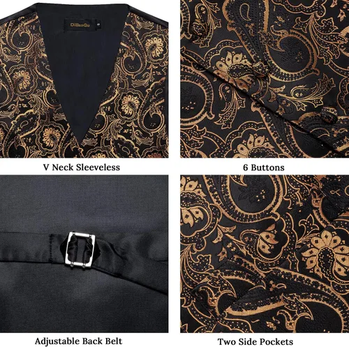 Vista 4 de DiBanGu Conjunto de 5 chalecos de seda con corbata y corbatín para hombre Paisley oro negro