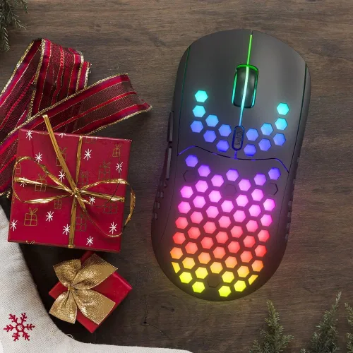 Vista 8 de Mouse inalámbrico ligero para juegos, mouse recargable UHURU WM-08 con carcasa de panal de abeja, 11 modos de luz LED, 4 DPI ajustables, mouse RGB
