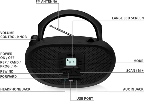 Vista 6 de hPlay Gummy GC04B - Reproductor de CD portátil con afinación digital, radio estéreo FM, reproductor de CD para niños, pantalla LCD USB Bluetooth