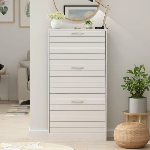 Vista 9 de Homsee Armario de almacenamiento de zapatos de 3 cajones con puertas de rejilla, zapatero de madera de 3 niveles organizador para entrada