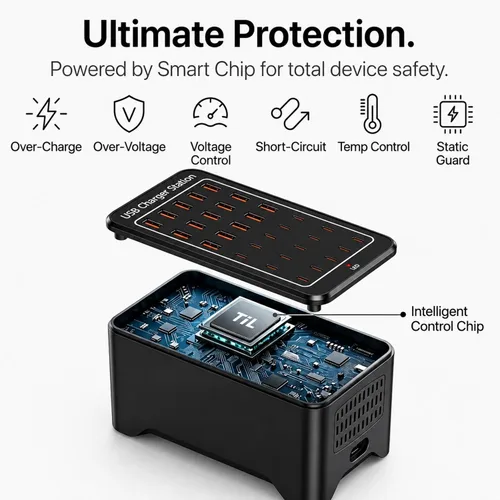 Vista 4 de Estación de carga USB C de 150 W, cargador rápido de múltiples dispositivos de 30 puertos (15 USB-C + 15 USB-A), cargador de escritorio, compatible