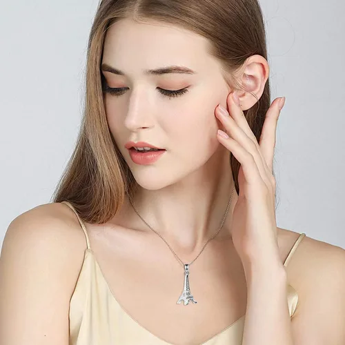 Vista 2 de Collar con colgante de torre Eiffel de plata de ley, joyería de París para mamá y mujer con cadena de plata de 18 pulgadas, Plata esterlina