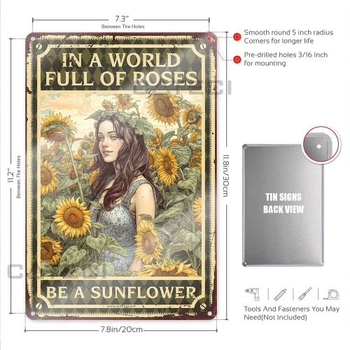 Vista 3 de Accesorios de escritorio de girasol para oficina -in A World Full of Roses Be A Sunflower- Divertidos letreros de hojalata, póster de habitación