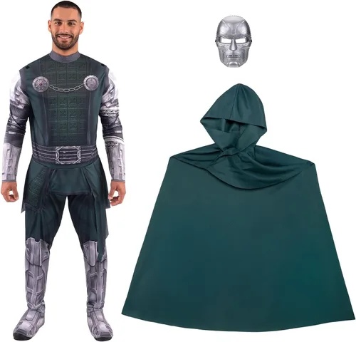 Vista 7 de Disfraz de Doctor Doom de Marvel para hombre, overol para adultos, capa con capucha y media máscara para Halloween, disfrazarse