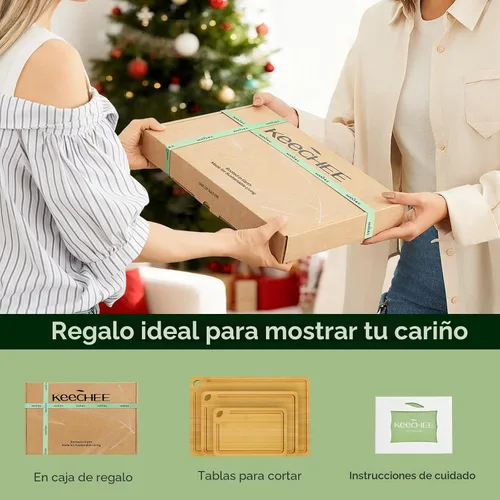 Vista 7 de Keechee Tabla de Cortar de Madera para Cocina - Juego de Regalo de 3 Tablas de Cortar Reversibles de Bambú con Ranura para Jugos, Tabla de Cortar