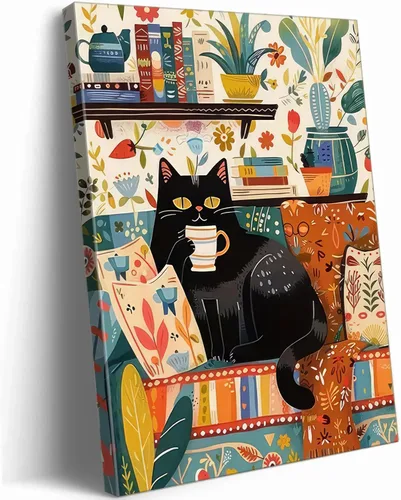 Vista 12 de Divertido Arte de Pared de Baño de Gato Negro en Lienzo Arte de Pared de Gato Abstracto con Imagen de Papel Higiénico Decoración de Pared Póster