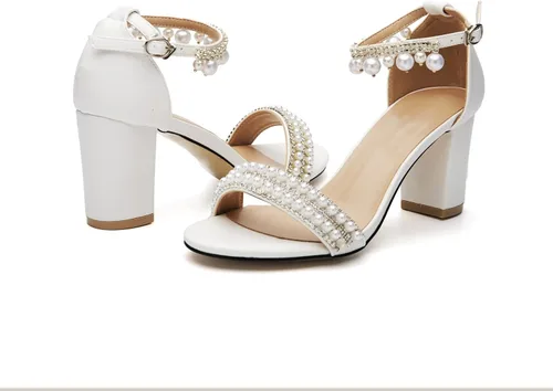 Vista 6 de Zapatos de novia para mujer, con puntera abierta, cómodos, tacón medio de bloque, correa al tobillo, sandalias de tacón con cadena de perlas