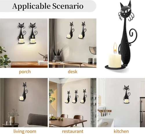 Vista 4 de Candelabros de cristal para velas de pilar, candelabros de pared de gato de metal negro