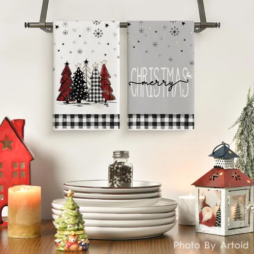 Vista 2 de Artoid Mode Toallas de cocina con estampado de búfalo Árboles de Navidad Camión de muñeco de nieve Feliz Navidad, Toallas de cocina y toallas