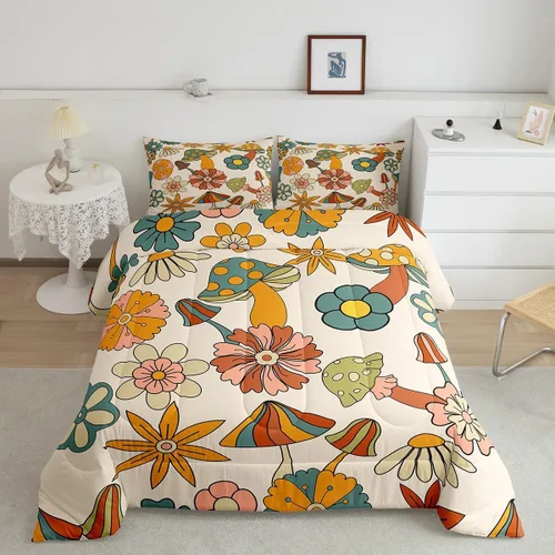 Vista 2 de Feelyou Juego de edredón retro de flores hippie para niñas y niños, tamaño individual, bonito edredón decorativo de hongos para habitación, 60S