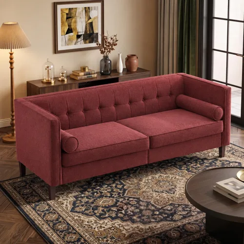 Vista 13 de Sofá de terciopelo de 78 pulgadas, sofá de 3 plazas con almohadas de refuerzo, diseño copetudo con botones Azul