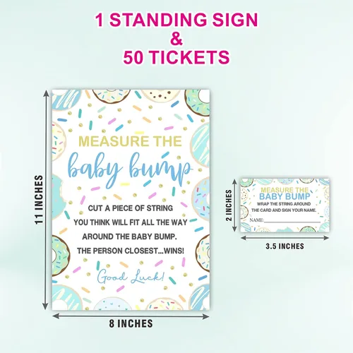 Vista 2 de Measure The Baby Bump Juego Set para Baby Shower – Tema de donut How Big is Mommy's Belly Sign, 1 letrero de pie con 50 boletos, revelación