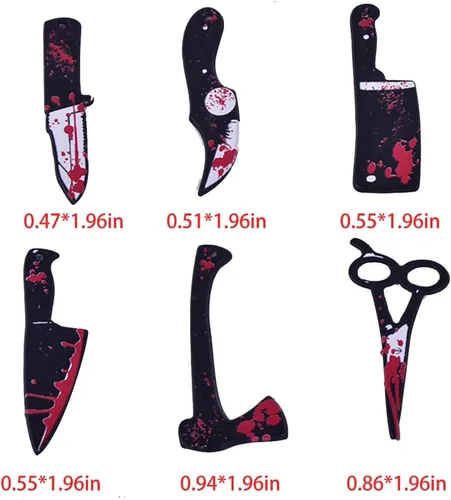 Vista 2 de 12 dijes de uñas de Halloween para uñas acrílicas, cuchillo de sangre de terror 3D, tijeras, hacha, dijes de Halloween para uñas, cuchillos 12