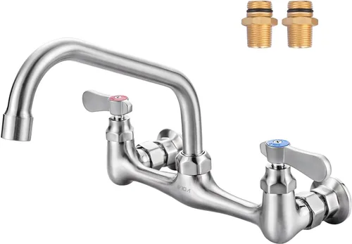 Vista 13 de Grifo de fregadero comercial con boquilla giratoria de cuello de cisne de 6 pulgadas, grifo de cocina de montaje en pared central de 8 pulgadas