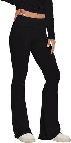 Vista 5 de Pantalones de yoga plegables para mujer, corte de bota, acampanados, pantalones de tiro bajo, pantalones de descanso, Negro