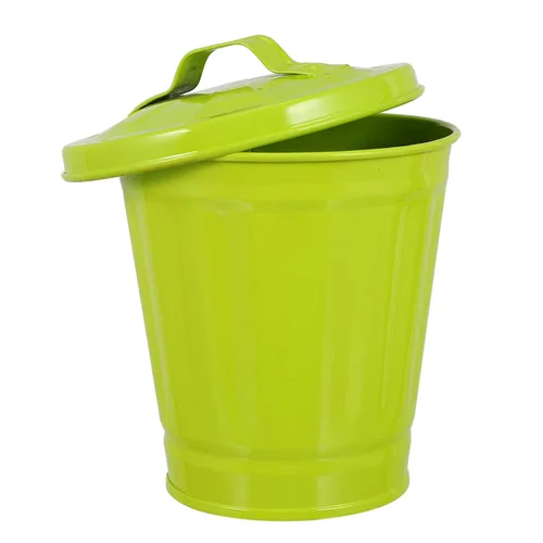 Vista 10 de POPETPOP Mini bote de basura con tapa, pequeño cubo de basura de metal, soporte para bolígrafos, maceta pequeña, organizador para el hogar, oficina