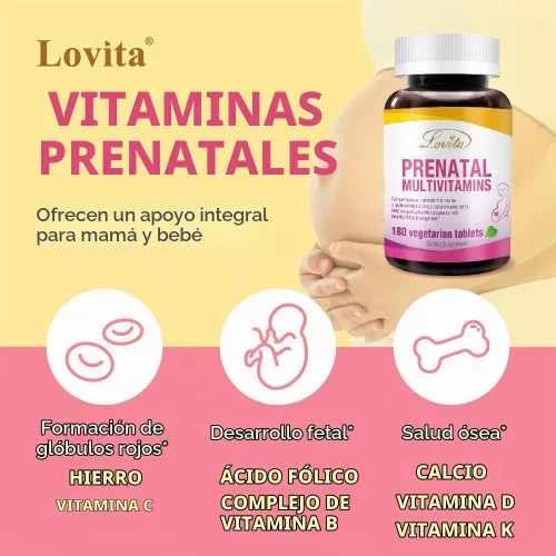 Vista 3 de LOVITA Vitaminas prenatales, hierro 27 mg, 180 tabletas vegetarianas