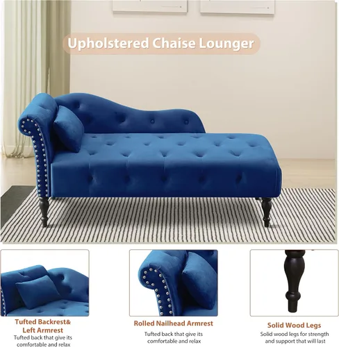 Vista 6 de Chaise Lounge - Chaise Lounge - Botones de terciopelo para interiores con almohada, decoración de cabeza de clavo con brazo enrollado