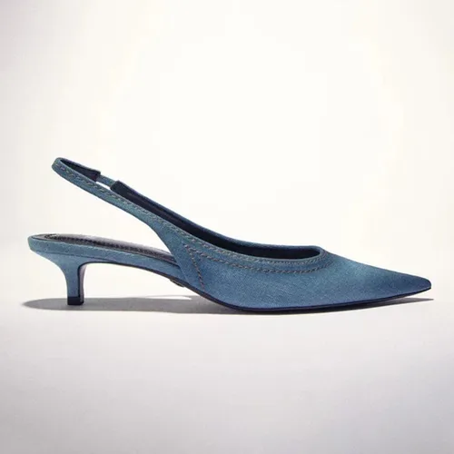 Vista 5 de WENOREG Zapatos de tacón puntiagudo para mujer, cómodos zapatos de tacón bajo de mezclilla, correa trasera elástica, sexy, sin cordones