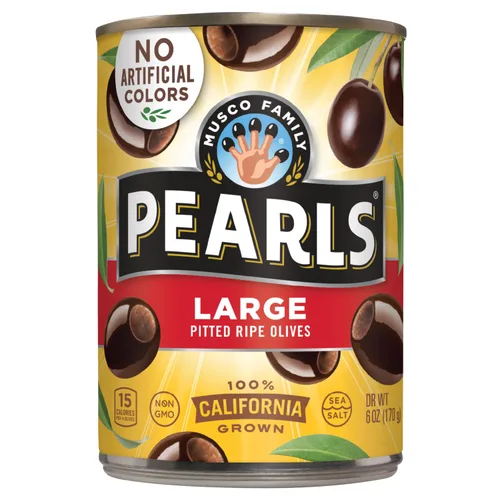 Vista 15 de Pearls Aceitunas maduras pequeñas sin hueso, paquete de 12, latas de 6 onzas
