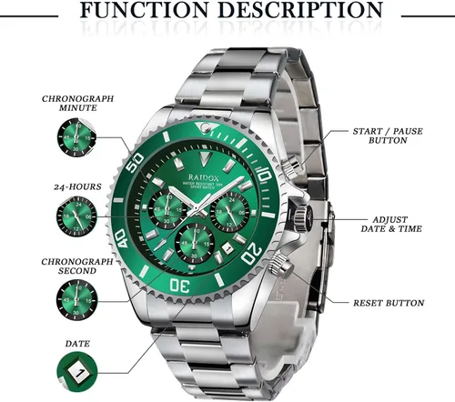 Vista 4 de Reloj para hombre con cronógrafo analógico, reloj de cuarzo, correa de acero inoxidable, formal e informal, resistente al agua, antioxidante