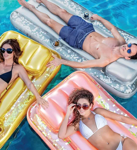 Vista 5 de POZA Colchón inflable gigante para piscina, tumbona grande y lujosa con confeti brillante, tapete de aire grueso de alta calidad, reposacabezas