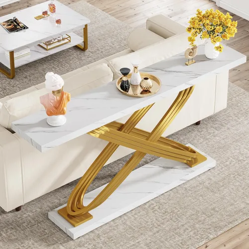 Vista 7 de Tribesigns Mesa consola dorada de 55 pulgadas, moderna mesa de entrada de mármol sintético con base geométrica de metal, mesa de sofá larga