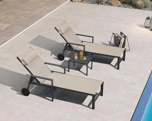 Vista 10 de PURPLE LEAF Juego de sillas de lounge al aire libre de gran tamaño de 3 piezas para patio, tumbona para piscina, estructura de aluminio con mesa