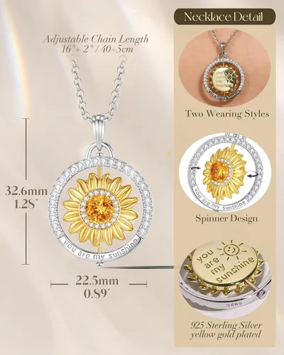 Vista 3 de FANCIME Sunflower necklace Sterling Silver Gold Plated Anxiety Pendant for anti-stress, You Are My Sunshine Rotatable Jewelry Birthday Christmas