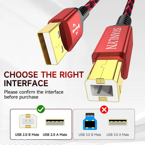 Vista 2 de Cable de impresora de 6 pies, USB A a B 2.0, cable de impresora USB trenzado de nailon de alta velocidad, cable MIDI USB compatible con HP, Epson