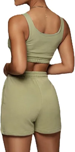 Vista 2 de Rooscier Conjunto de 2 piezas para mujer, cuello cuadrado, sin mangas, con pantalones cortos, ropa deportiva