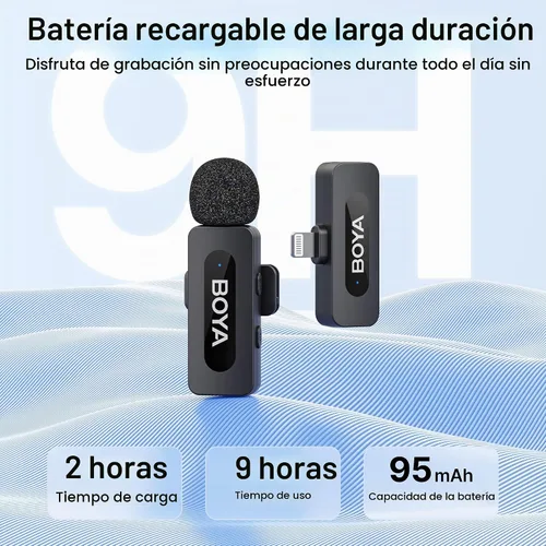 Vista 2 de BOYA by-V1 Micrófonos inalámbricos para iPhone iPad con puerto Lightning certificado MFi, rango de 328 pies, vida de batería de 9H, reducción