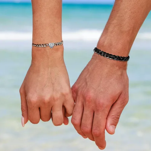 Vista 3 de Pulseras de cadena cubana a juego para parejas, regalos para novio, marido, alma gemela, novia, San Valentín, aniversario, cumpleaños, regalo