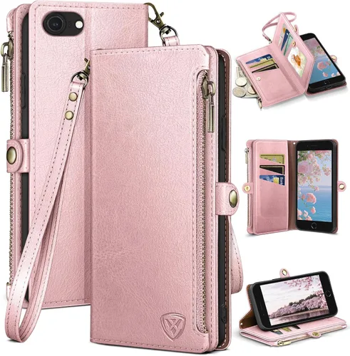 Vista 13 de XcaseBar Compatible con iPhone SE 3rd/7/8 Funda tipo cartera con cremallera y tarjetero de crédito [bloqueo RFID], funda de piel sintética con tapa