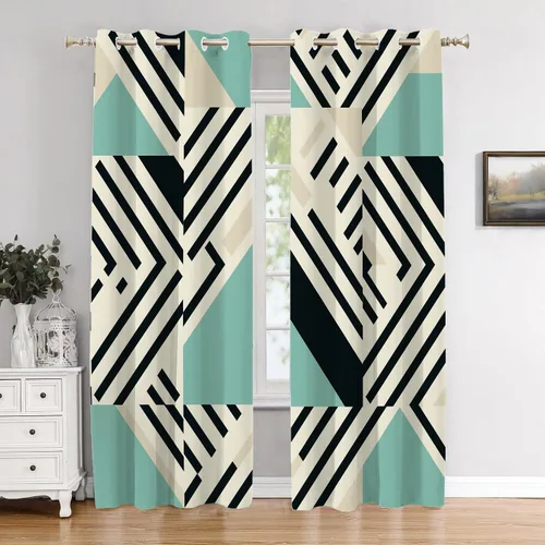 Vista 12 de Cortinas geométricas de cocina para ventanas, color negro, blanco, turquesa, cenefas opacas de poliéster multicapa para cocina, paquete de 2