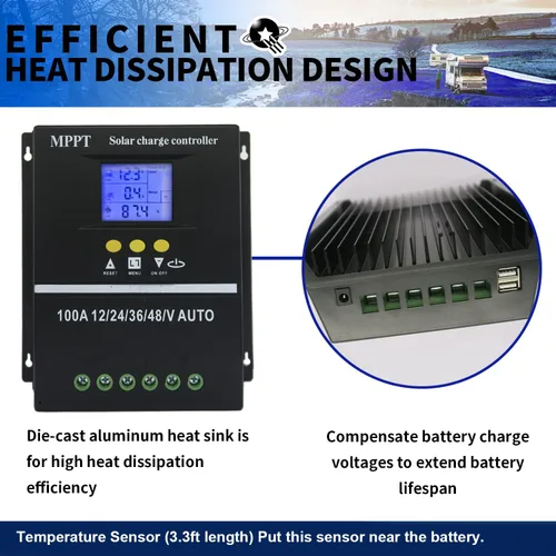 Vista 5 de MPPT 36V/48V/24V/12V Herramientas de controlador de carga solar 100A/80A/60A LCD Dual USB Plomo Ácido Baterías de litio Cargador rápido (60A)