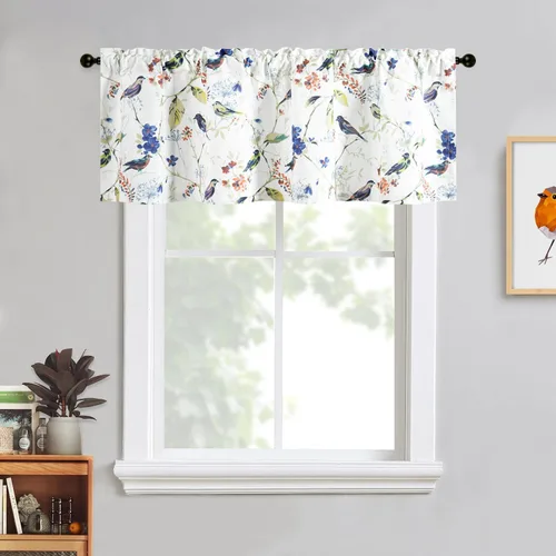 Vista 26 de VOGOL Cenefa de pájaro y bayas, decoración clásica de ventana de campo americano con estampado botánico, cortina de bolsillo para barra fácil