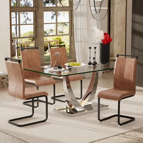 Vista 23 de Juego de mesa de comedor de lujo moderno de 63 pulgadas para 4 tapas rectangulares de vidrio templado con base en U cromada y sillas de comedor Negro