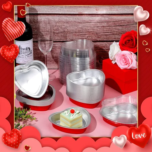 Vista 3 de Yinkin Juego de 50 moldes de aluminio con forma de corazón de 9 onzas con tapa, moldes desechables de papel de aluminio para cupcakes, moldes