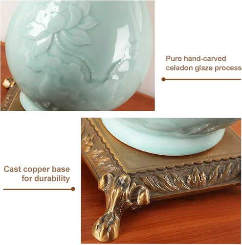 Vista 6 de Lámpara de mesa de cerámica de latón completo estilo chino, lámpara de noche con textura de tela, lámparas de noche tradicionales para dormitorio