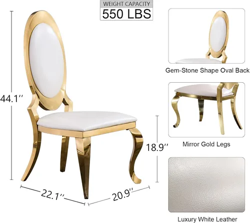 Vista 2 de ACEDÉCOR Sillas de comedor blancas y doradas, modernas sillas de piel sintética blanca, magnífica silla ovalada con respaldo de acero inoxidable