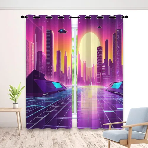 Vista 9 de Synthwave - Cortinas opacas para ventanas de cocina, cortinas de neón Cyberpunk City para decoración de dormitorio, sala de estar, cortinas retro