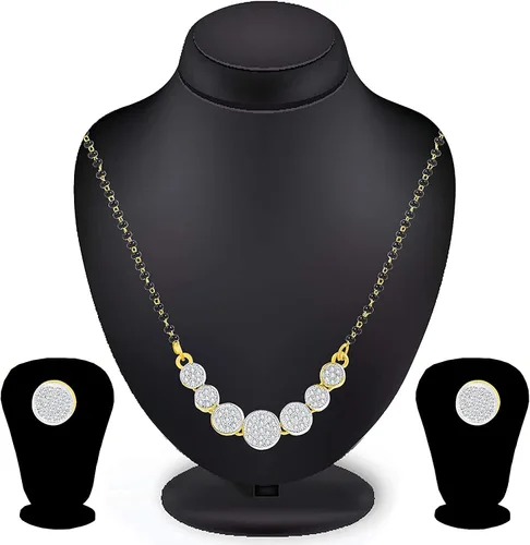 Vista 2 de Conjunto de collar de mangalsutra de Hawker indio con pendientes para mujer con tachuelas de piedra (tono dorado (diseño-6))