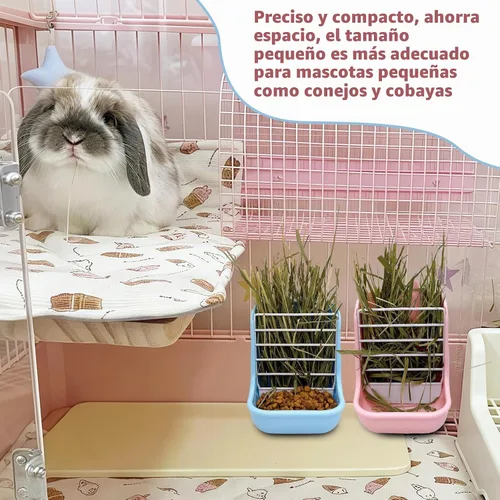 Vista 3 de Hamiledyi 2 unidades de comederos de heno para conejos, cuencos 2 en 1, soporte doble de alimentación para conejos, suministros de alimentos