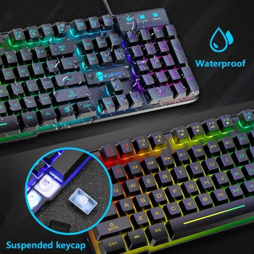 Vista 3 de Teclado de juego 5 en 1 con cable para auriculares y altavoz Combo con retroiluminación multi RGB ergonómico de 104 teclas de micrófono ajustable