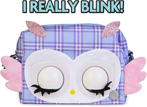 Vista 3 de Purse Pets, Print Perfect Hoot Couture Owl, juguete interactivo para mascotas y bolsa de hombro con más de 30 sonidos y reacciones, juguetes