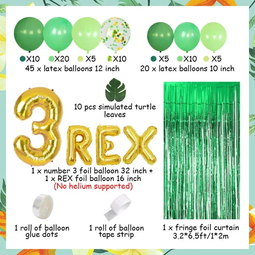 Vista 6 de Decoraciones de dinosaurio de tercer cumpleaños para niños, kit de guirnalda de globos de dinosaurio, 3 globos de aluminio REX, hojas artificiales