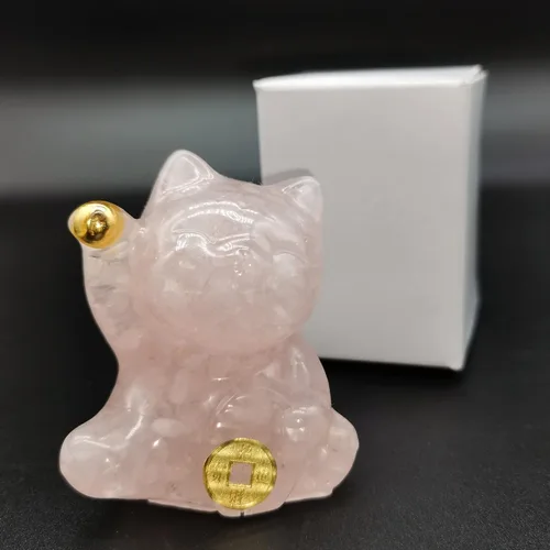 Vista 7 de Figura de gato de la suerte de cristal amarillo tallada a mano Maneki Neko Dinero Gatos Estatua Feng Shui Decoración para el hogar Oficina Atrae