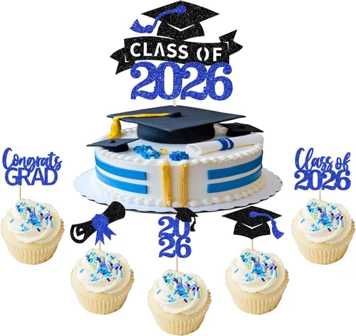 Vista 12 de Paquete de 24 adornos para cupcakes de clase de 2026 con purpurina 2026 para diploma de graduación 2026, selecciones para cupcakes para graduación