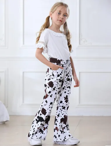 Vista 6 de Pantalones vaqueros acampanados para niñas de 3 a 14 años con bandera americana, pantalones acampanados de mezclilla elásticos de cintura alta